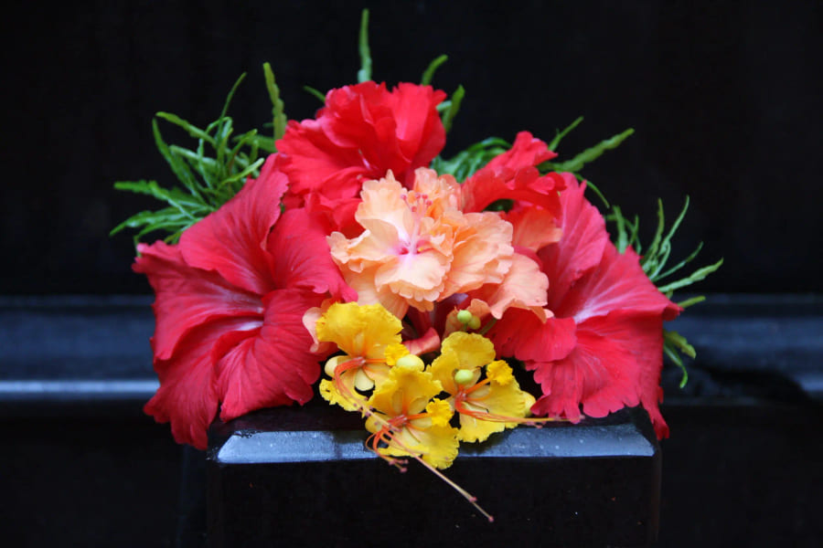 Hibiscus blooms gathered for the day&rsquo;s offerings