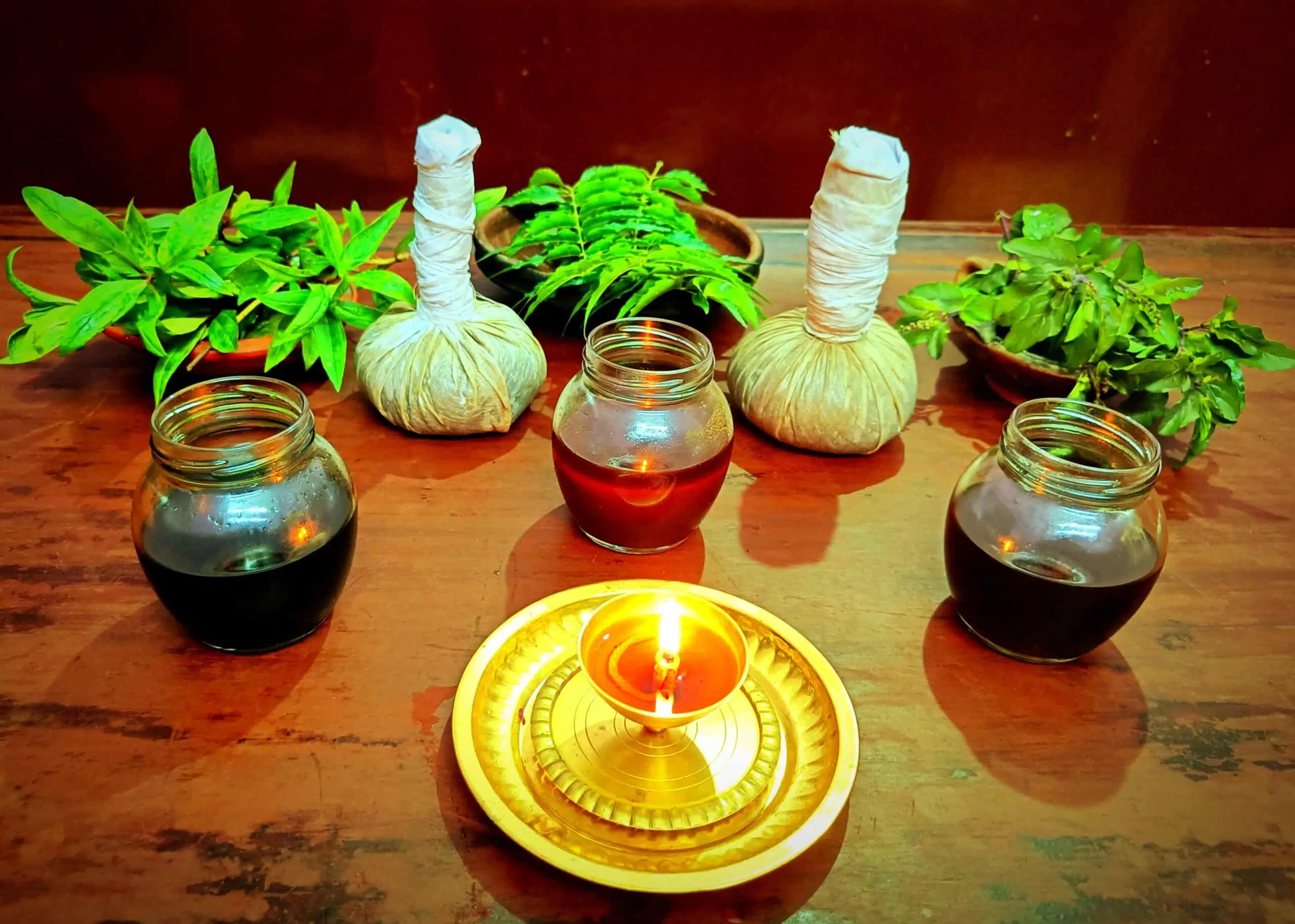 Bowls of dried Ayurvedic herbs, seeds and spices used to prepare treatment medicines